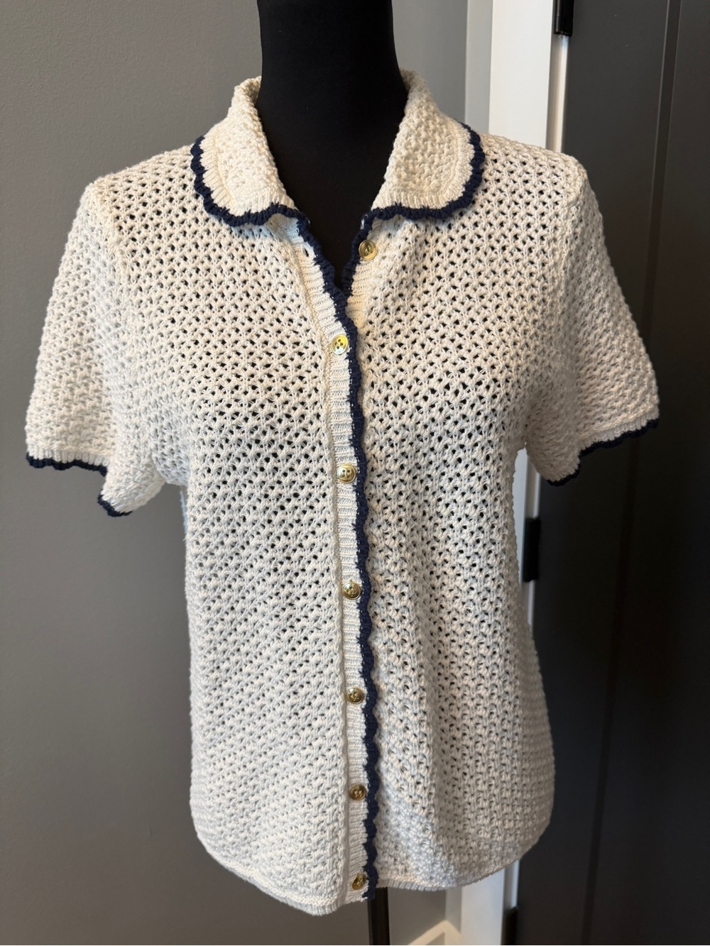 J. Crew Cream Short-Sleeve Knit Cardigan with Navy Trim and Gold Buttons